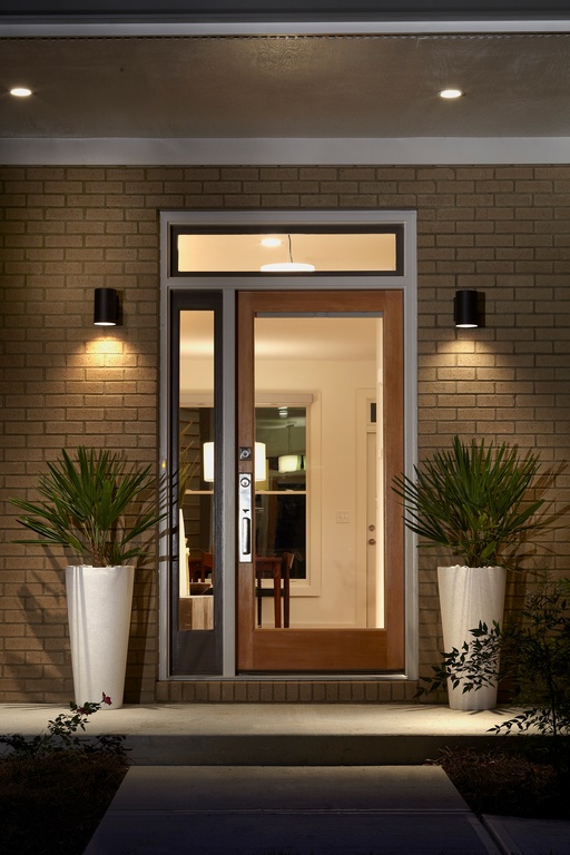 contemporary-front-door-with-transom-windows-and-soffit-lighting