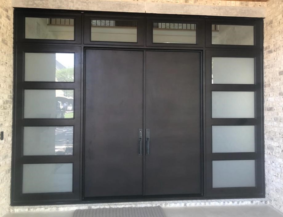 Large Entry Double Iron Door with 2 Sidelites and Transom